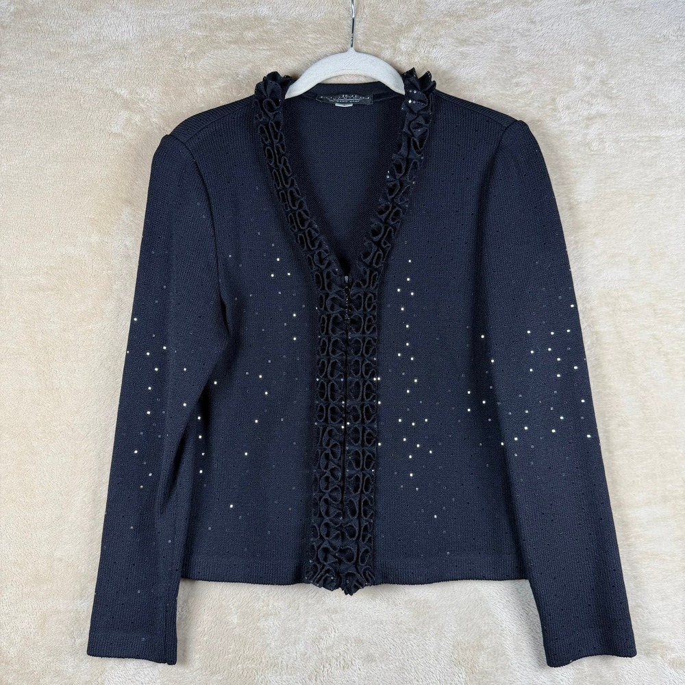 St John Evening Marie Gray Black Sequin Ruffle Zip Knit Cardigan‎ Jacket 4 EUC